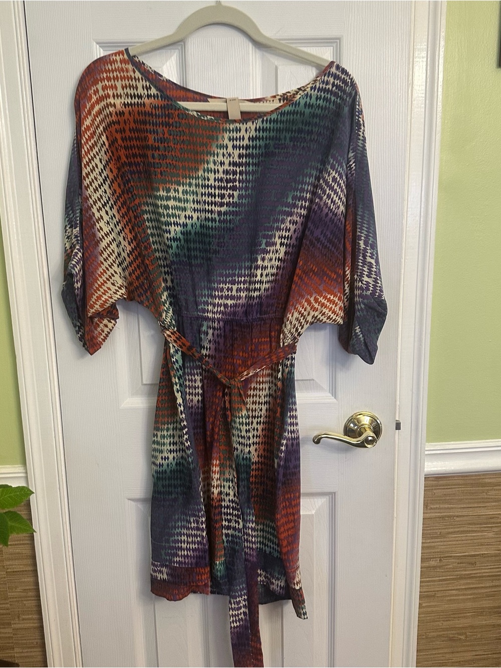 Presley Skye Multicolor Abstract Print Silk Dress in Teal, Purple & Rust